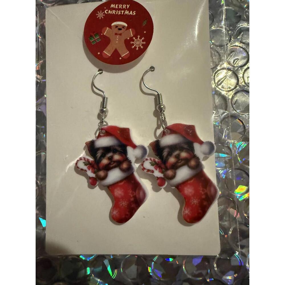 Christmas Earrings Yorkie in Stocking New